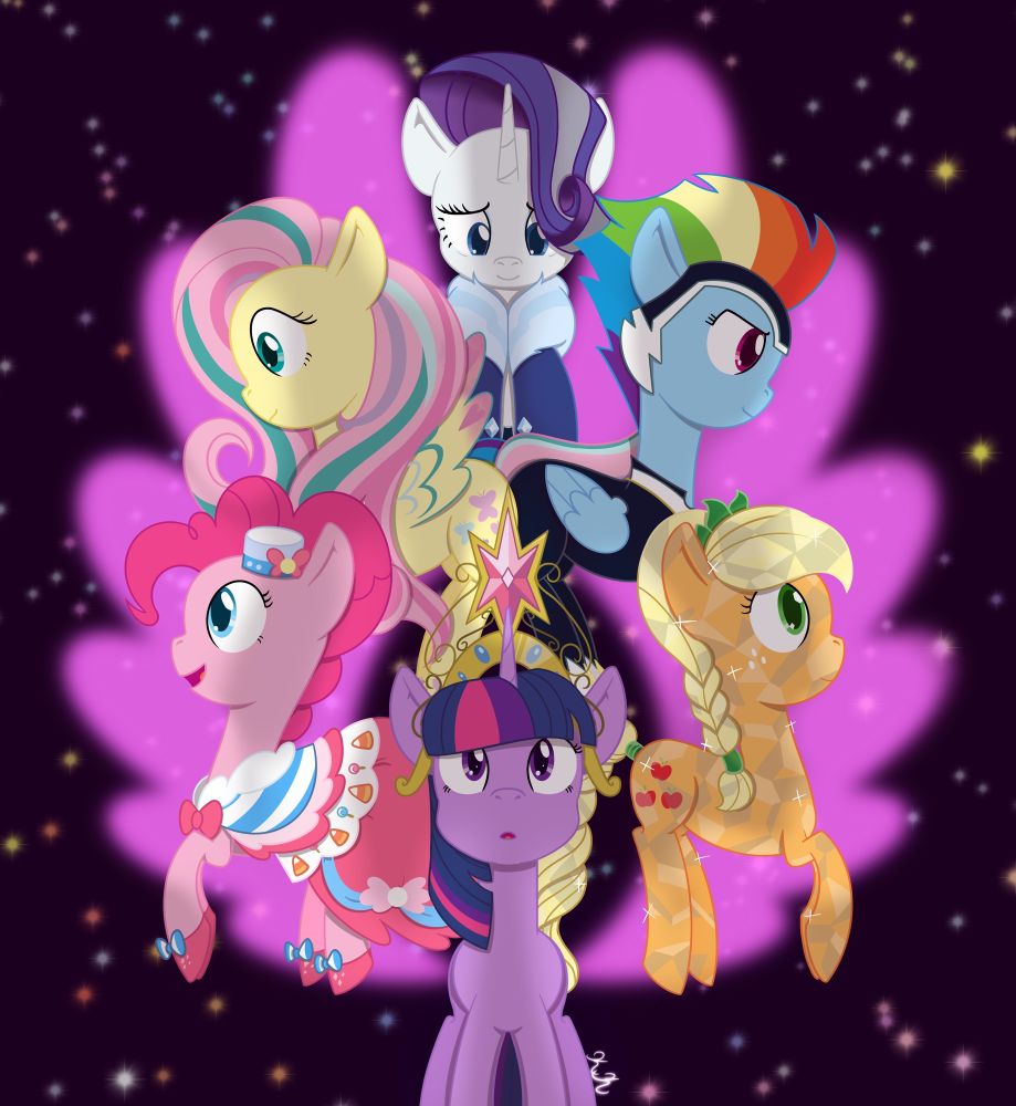 My little pony’s Twilight Sparkle (Season 1 design) surrounded by her friends, Pinkie Pie wearing her season 1 gala dress, Applejack in her crystal empire form, Fluttershy in her Rainbow Power form, Rainbow Dash in her Power Pony’s outfit, and Rarity in her season finale time skip design 