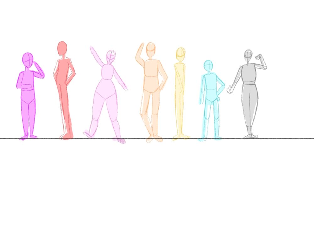 Seven silhouettes in various poses that are colored (from left to right) magenta, red, pink, orange, yellow, blue, and grey