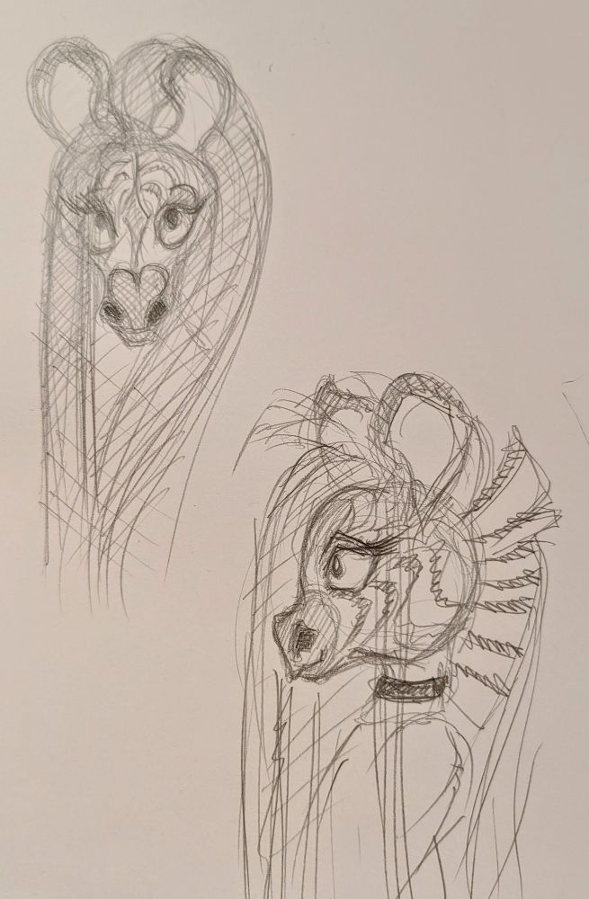 Pencil sketches of front and side view of an anthropomorphic zebra's head