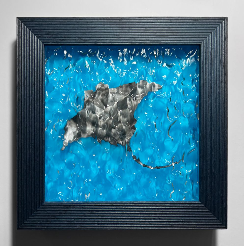 Framed manta ray artwork with a glow in the dark acrylic background and a water textured acrylic top layer. This is how the piece looks in daylight. 