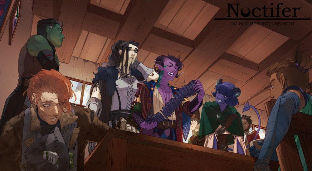 Illustration featuring the main characters of the Mighty Nein meeting for the first time (from left to right: Caleb and Nott trying to run away, Fjord, Yasha, Molly playing with cards, Jester and Beau)