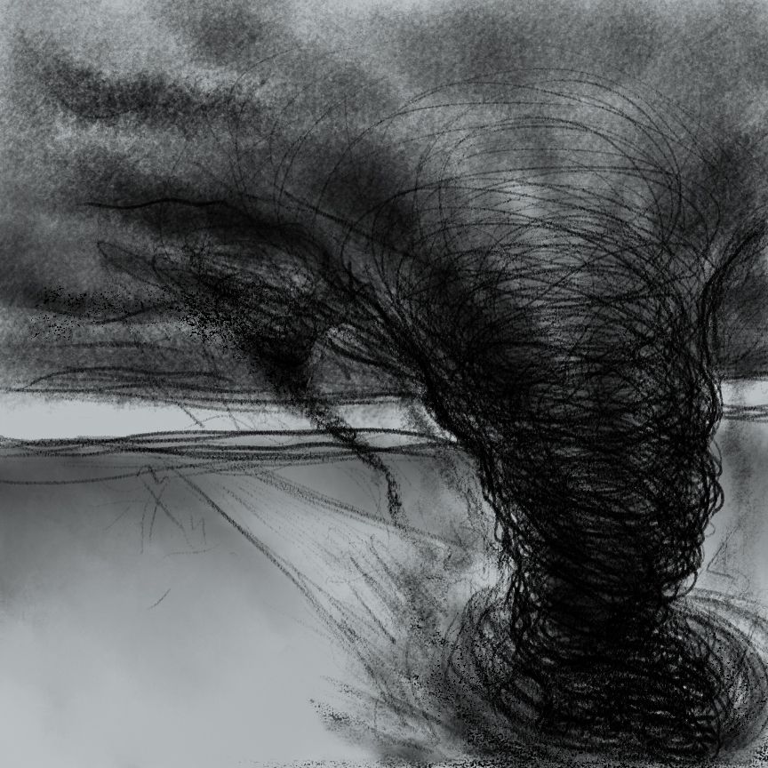 A painting/sketch of a tornado rippin up the terf. 

Super inky black, and it has a teeny tiny little friend that wants to join with him as they create their own beaten paths.
