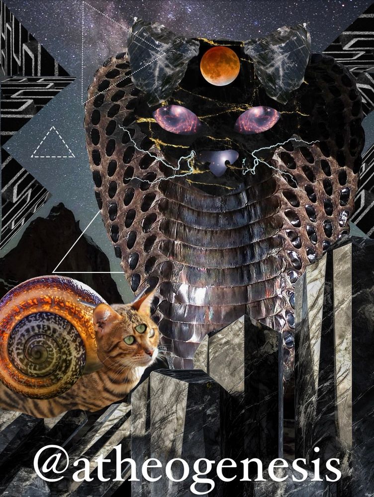 Enjoy this goofy collage I made. The cobra meowm was inspired by the Egyptian goddess Bastet. She has obsidian ears, eyes & nose made of colliding galaxies caught from JWST, the recent lunar eclipse for a third eye, a cobra body & lightning bolts for whiskers. 

Her underling or one who admires her, is a snail meowm slithering up mountains of obsidian to observe bastet-like entity more closely.