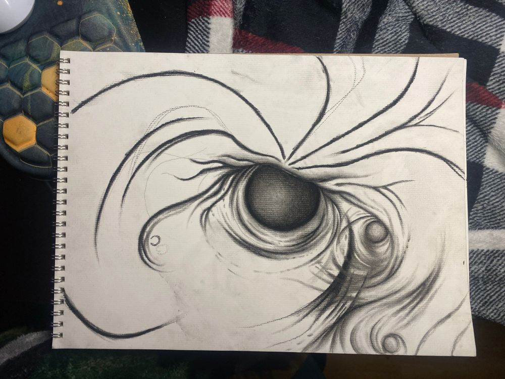 Charcoal on paper! This is an abstract visualization of the supermassive black hole in the center of our galaxy - which the James Webb Space Telescope had discovered just this past February, is constantly and rapidly ejecting very strong flares! Yes, the same process that happens on our sun, also happens with our very own black hole friend. Much, much more violent and rapid however. What a friendly lil guy! 

You can see the construction being laid out in the mixture of plasma & strong magnetism.