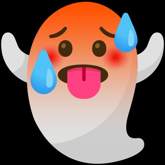 Emoji of an overheating ghost with two sweaty drops and its little tongue poking out