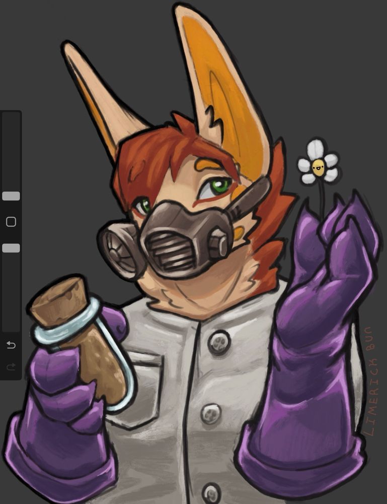 Anthropomorphic rabbit scientist  holding up a daisy whilst wearing rubber gloves and a gas mask. Solar Punk esc 