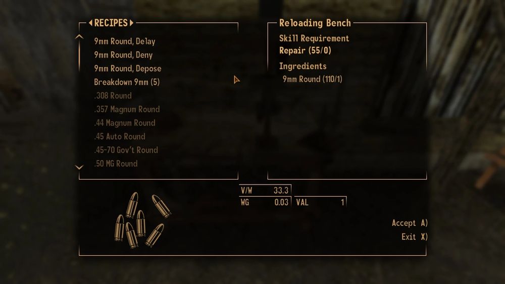 A screenshot of the new ammo variants added by the mod. They're called "9mm Round, Delay", "9mm Round, Deny" and "9mm, Depose". These were made in reference to the assassination of United Healthcare CEO, Brian Thompson. 