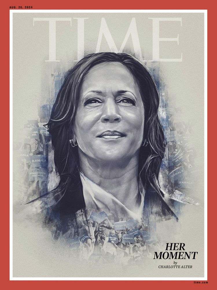 Time Magazine cover dated Aug. 26, 2024.

Features a sketch of Kamala Harris with supporters holding campaign signs around the edges of the sketch and fading into the background.

"Her Moment" by Charlotte Alter