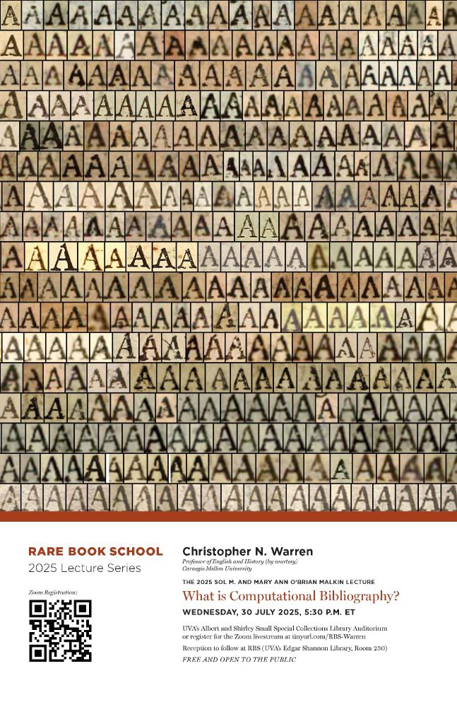 A vertically oriented rectangular graphic features macro photos of the capital letter “A” from various printed texts, repeated over and over in rows across the page. Each “A” shows minor variations in how it was printed. The bottom of the graphic contains red and black text against white with information about Christopher Warren's lecture. 