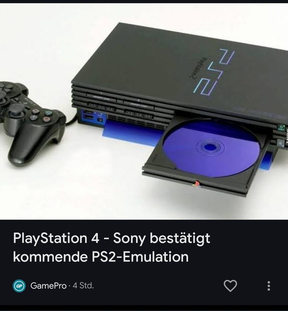 Screenshot eines Newsartikels, Veröffentlichung laut Kachel vor 4 Stunden. Titel: "Playstation 4 – Sony bestätigt kommende PS2-Emulation".