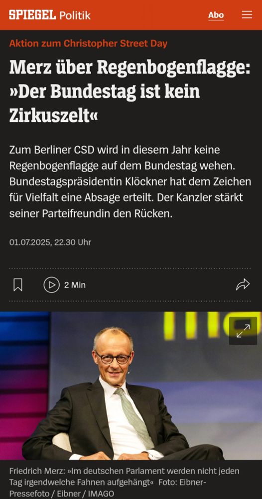 Artikel-Screenshot von Spiegel Politik. Ein Foto von Fritze Merz bei Maischberger. Titel: "Merz über Regenbogenflagge: »Der Bundestag ist kein Zirkuszelt«".