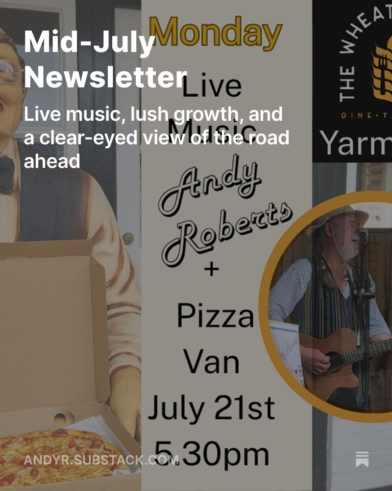 A flyer for a gig with Willy the Waiter serving a pizza and Andy Roberts playing guitar.  Wheatshef Inn Yarmouth logo, date time place: July 21st 5.30 