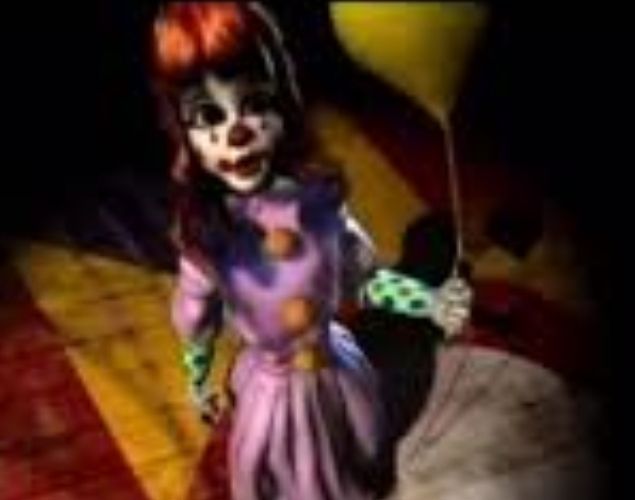 A small clown girl holding a balloon staring at you