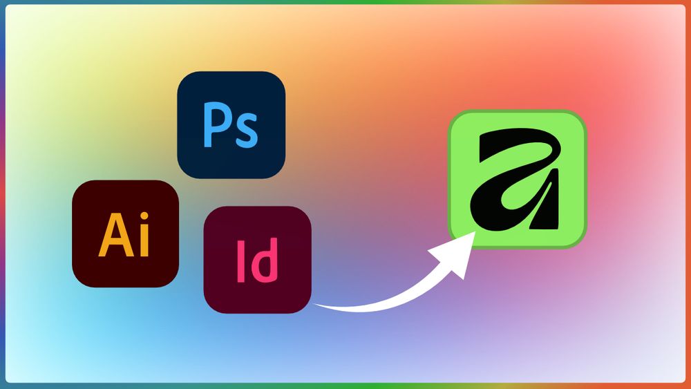 Image showing Adobe app icons (Photoshop, Illustrator, InDesign) with an arrow pointing to the Affinity logo, symbolizing a switch from Adobe to Affinity.