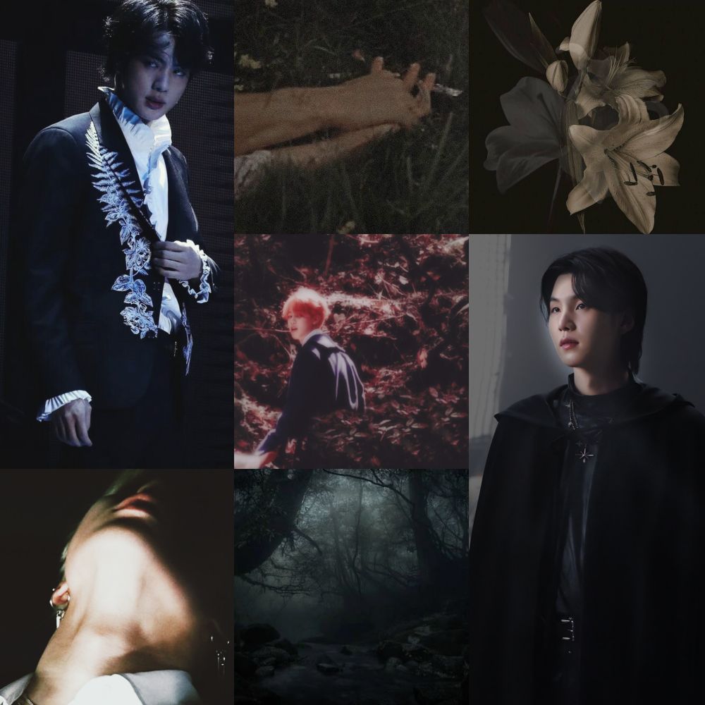Moodboard showing yoonjin as vampires in 1800s looking clothes, Jimin's neck with his head leaned back, Jimin looking back at the camera in a forest a hand holding another down in grass, a white flower, and a dark forest 