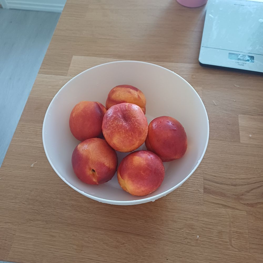 6 nectarines in a white bowl