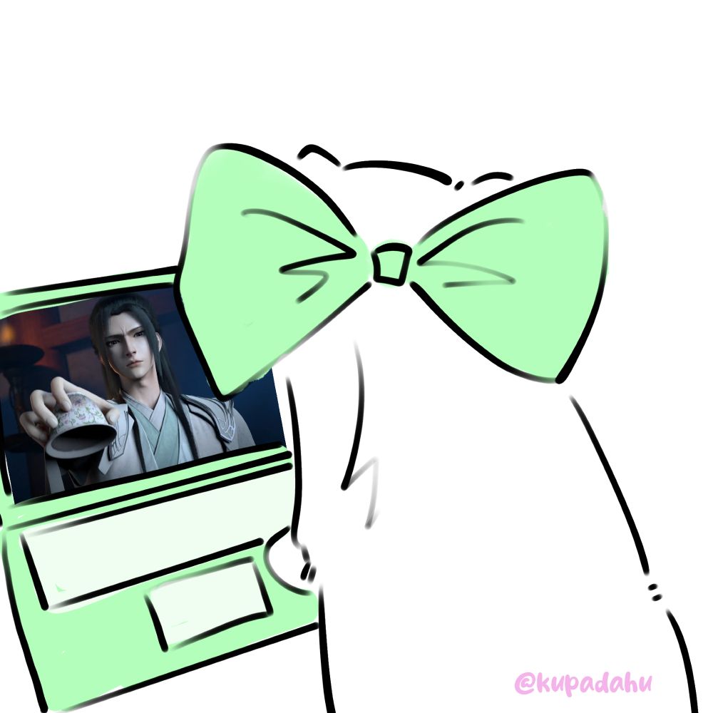A picture of jiunyan looking at laptop, and in the laptop screen is the real shen jiu from donghua