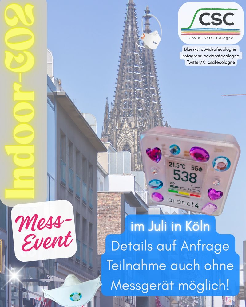 Seite 1 des Flyers mit einer Einkaufsstraße mit Geschäften und dem Kölner Dom, der eine kleine Maske trägt, als Hintergrund sowie mit dem Logo von Covid Safe Cologne (CSC). Die Überschrift "Indoor CO2 Messevent" ist wie ein Leuchtreklame-Schild am linken Rand vertikal gestaltet. Daneben ist ein mit Schmucksteinchen beklebtes aranet4 abgebildet.
Der Text lautet: Im Juli in Köln, Details auf Anfrage. Teilnahme auch ohne Messgerät möglich!