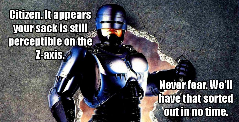 Robocop has busted through a concrete wall in order to help you bust