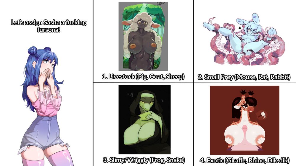 Graphic for the October 2025 BP Games exclusive art poll. Monstrous Liberation's main character Sasha (a white 20-something woman with long blue hair wearing high-waisted jean shorts, pink thigh-high socks, and a pink halter top) is looking at the options with undisguised glee. The poll's subject is "Let's assign Sasha a fucking fursona!" The options are "1. Livestock (Pig, Goat, Sheep)", "2. Small Prey (Mouse, Rat, Rabbit)", "3. Slimy/Wriggly (Frog, Snake)", and "4. Exotic (Giraffe, Rhino, Dik-dik)". All options have an associated piece of big-titty furry woman artwork as an example.