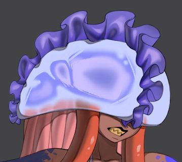 Cropped preview of image from linked posts. Depicts the head of a mermaid woman, the top half of which is dominated by the body mass of a Man-of-War jellyfish, from which are dangling two braid-like squid tentacles. The mermaid's gritted teeth are visible.