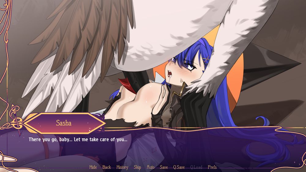 Screenshot from Monstrous Liberation. Sasha, a young witch with blue hair, is on the floor of a harpy's nest, being titty-fucked by the harpy who the nest belongs to while said harpy squats above Sasha. The front of Sasha's outfit has been ripped open to expose her breasts, and Sasha has cum dribbling out of her mouth. Sasha is saying "There you go, baby... Let me take care of you..."