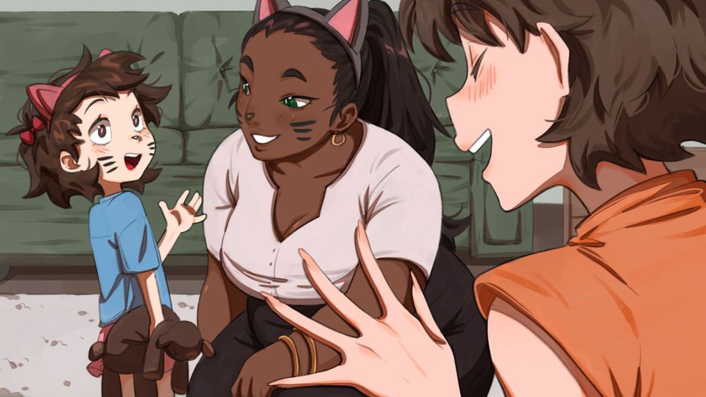 Splash art from Opportunity: A Sugar Baby Story showing main character Jacqueline coming upon her daughter Aster and Aster’s babysitter Shruthi engaged in a game involving cat ears and makeup.
