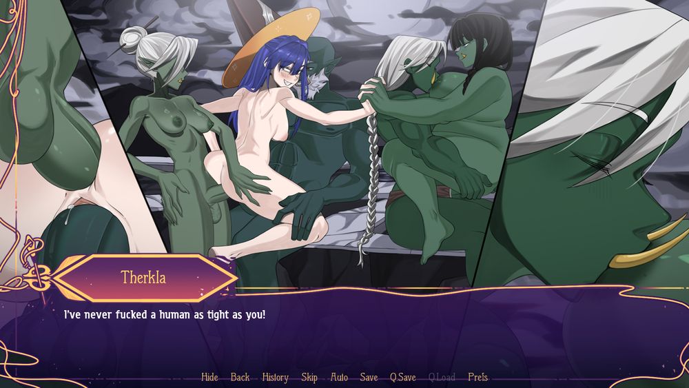 Sasha, a young witch with blue hair, is nude except for her witch's hat while getting fucked in her pussy and ass by an orcish man and woman. The orcish man is older but very muscular, with a bald head and white beard. The orcish woman fucking her ass is also older, with white hair tied up in a bun, and is named Therkla. To the trio's right is another pair of orcs: a very large, muscular woman with white hair tied back in a long braid is using a strap-on to fuck a shorter, chubby woman with loose black hair. The large, muscular woman is also sucking on the shorter woman's breast. Therkla is saying "I've never fucked a human as tight as you!"