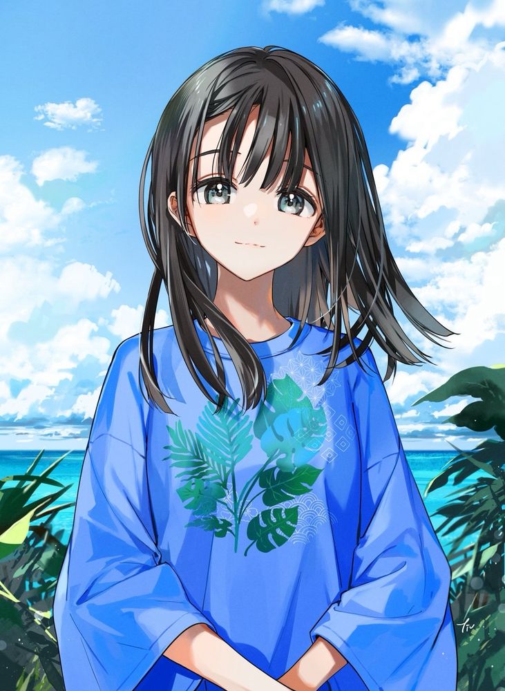 南の島を背景に、青いTシャツを着た少女のイラスト