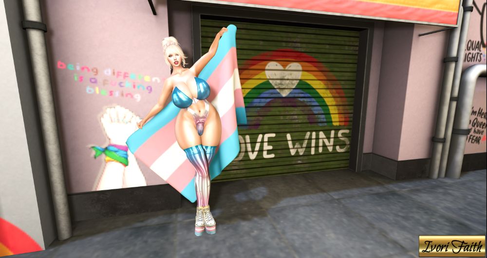 Ivori is on the street celebrating Pride Month. She's holding up the trans pride flag, in sexy latex trans flag coloured outfit. Behind her, street art exclaims 'Being different is a fucking blessing', 'Love Wins', 'Equal Rights', and 'I'm Here, I'm Queer, And I Have No Fear'. 