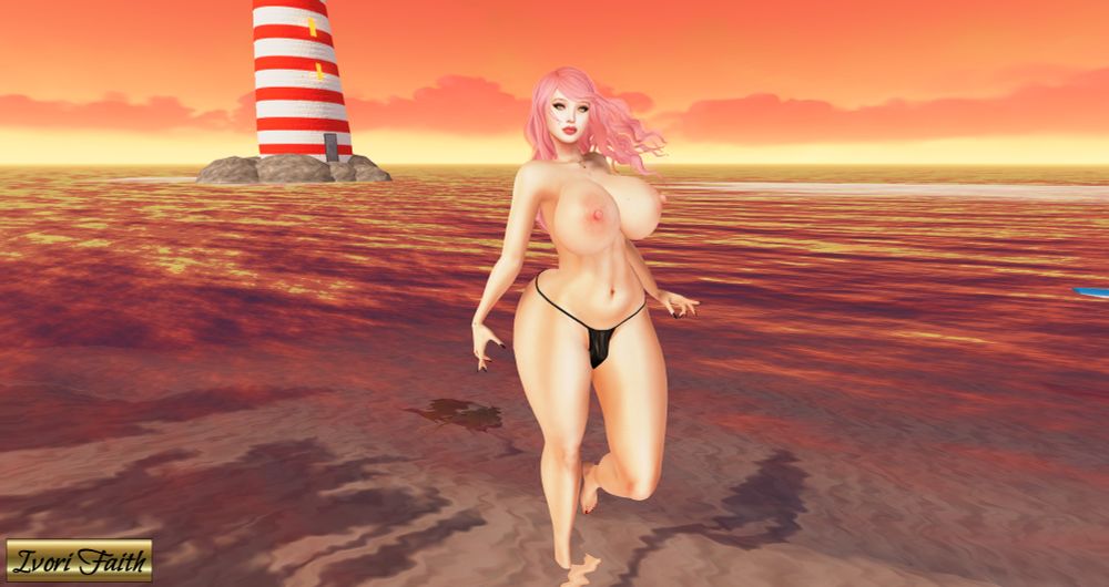It's summertime, and your favorite t-gurl is on the beach! Topless (because it's Tuesday) and her pink hair blowing in the breeze, Ivori gets one last swim in before the sun sets.