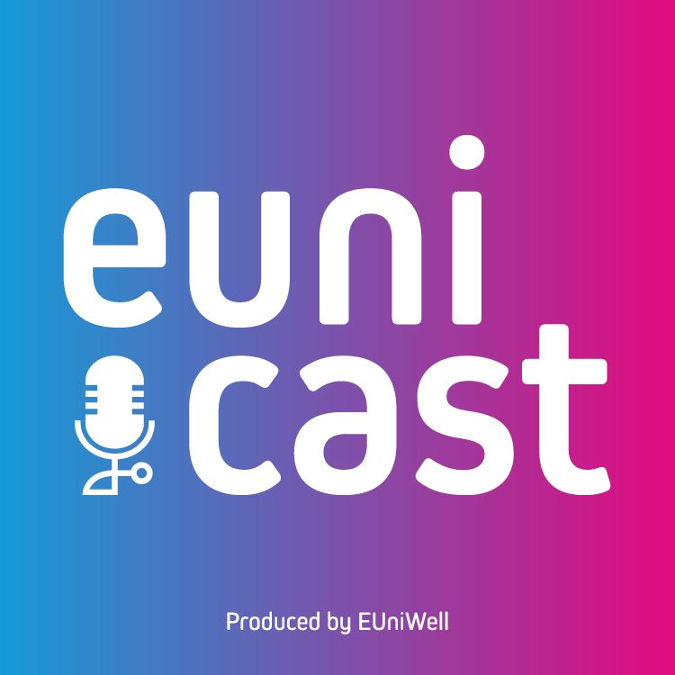 Square graphic with a blue-to-pink gradient background and the word "eunicast" in bold white lowercase letters. A white microphone icon appears beneath the "e" in "euni". Text at the bottom reads: "Produced by EUniWell"
