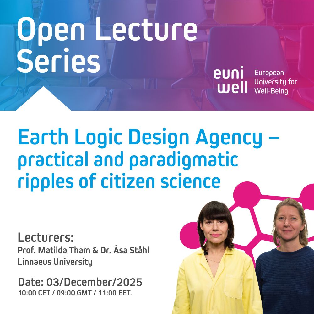 “A promotional graphic for the Euniwell Open Lecture Series. The title reads ‘Earth Logic Design Agency – practical and paradigmatic ripples of citizen science.’ Lecturers listed are Prof. Matilda Tham and Dr. Åsa Ståhl from Linnaeus University. The date is 03 December 2025 with times 10:00 CET, 09:00 GMT, and 11:00 EET. At the bottom right are two lecturers standing in front of a pink molecular-style graphic. The background features rows of chairs in blue and pink tones along with the Euniwell logo.”
