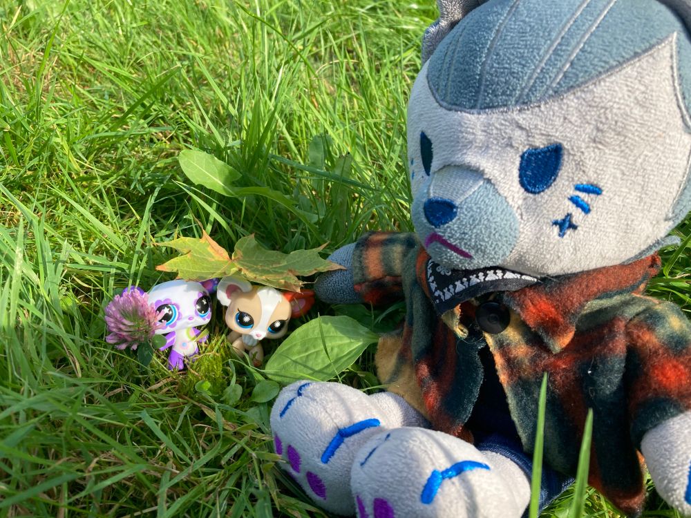 babirousa's izzy in the same outfit as above, sitting in uncut grass. she's holding a leaf like an umbrella above the heads of two littlest pet shop figurines: a purple and white panda and a tan, white and orange longhaired chihuahua. the panda is holding a purple clover flower.