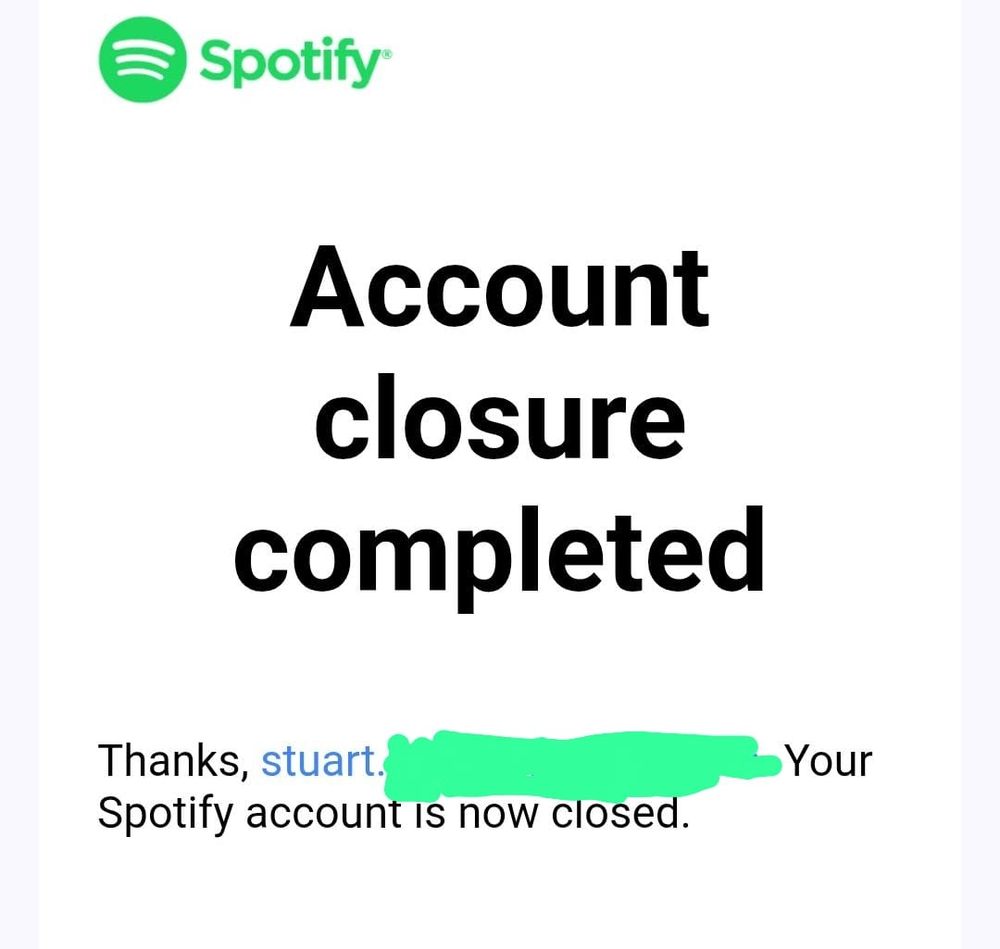 An email showing Spotify account has been closed.