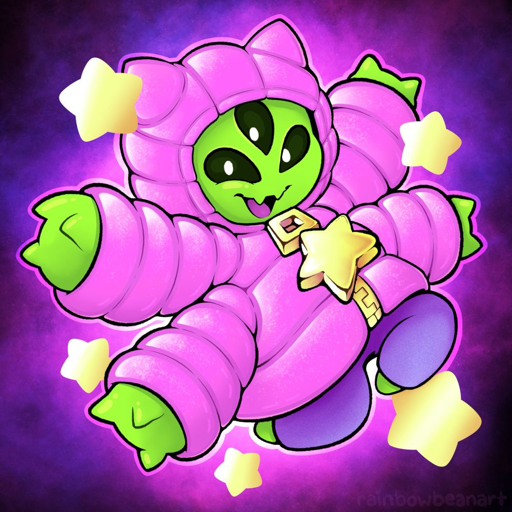 A green alien character (named Jelly) with four arms wearing a large pink/purple puffer jacket and floating in space.