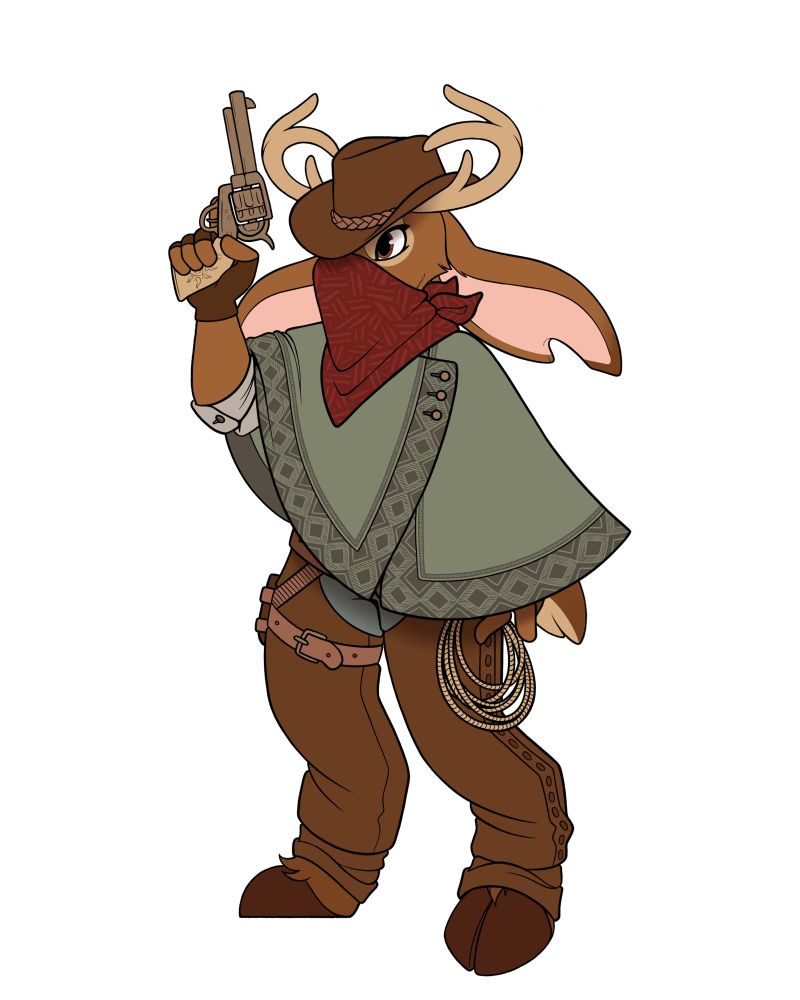 Roscoe, a jackalope fursona, in cowfolk dress.