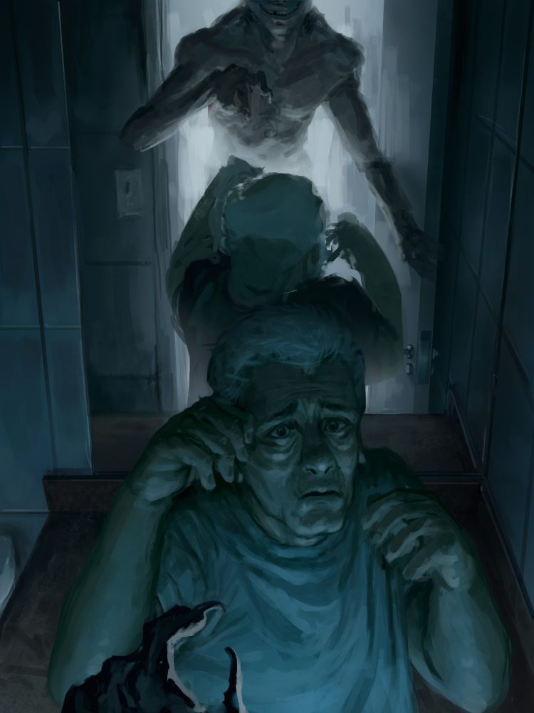 Digital painting of a creature POV trying to reach an old man that is cowering in fear with his hands in front of his body. They are in a bathroom and in the mirror behind the old man, we can see the a bit of the creature's body and mouth, it is a humanoid, and had a creepy grim.