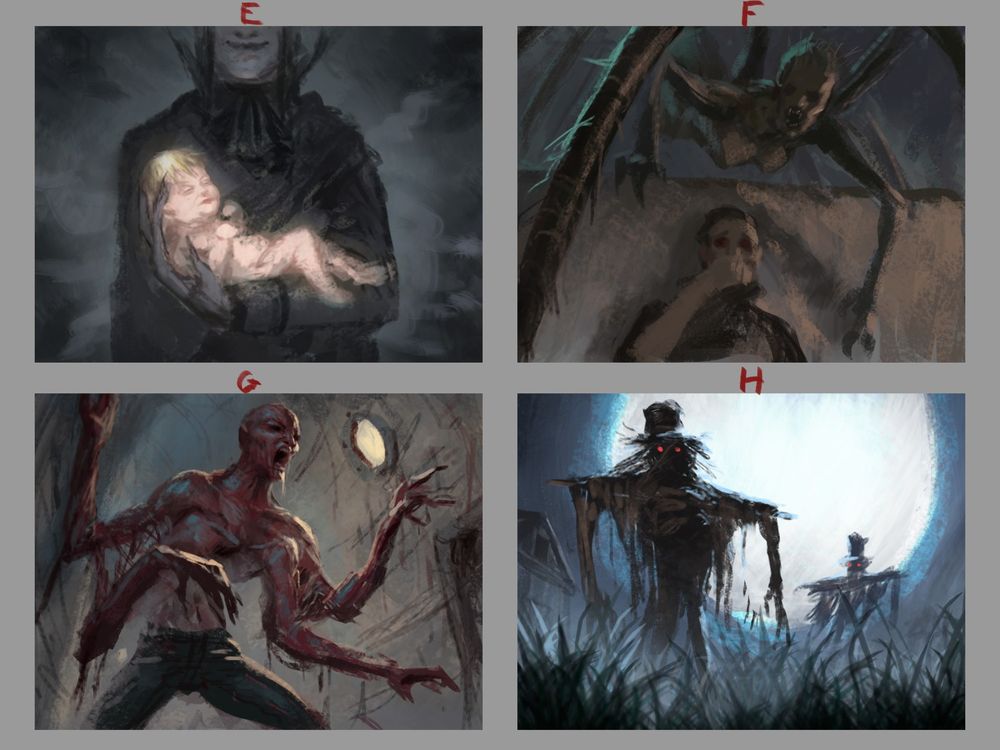 Four small digital paintings:

1 - A vampire holding a glowing baby.
2 - Someone holding his breath and hiding from a humanoid spider creature that is just above him.
3 - A red melting humanoid creature with four arms and pants on some sort of bunker/submarine.
4 - Two Scarecrows with glowing red eyes looking at the camera, enviroment is tall grass, some barn in the back and a huge blue moon.