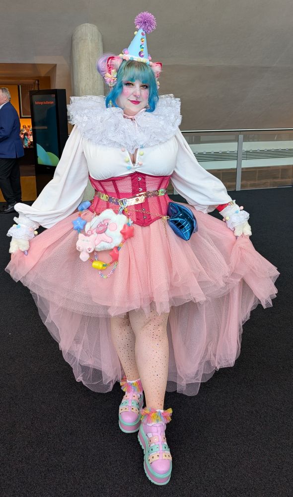 Front view of myself in a blue, purple, pink and yellow party/clown hat, white blouse, pink cat ears, pink corset and skirt and a long white cat tail. 