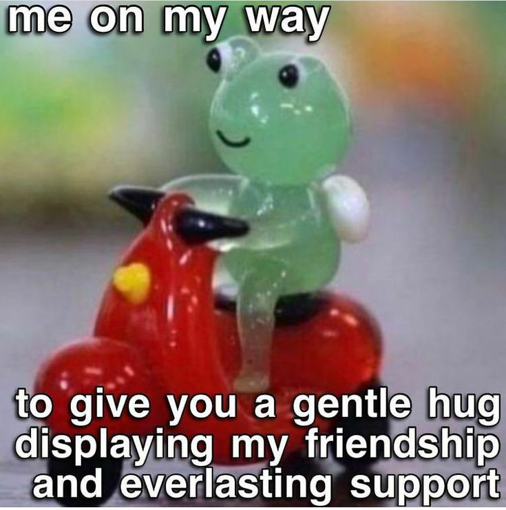 Picture of a little glass green frog sitting on a glass red scooter. "Me on my way" is written at the top of the photo, "to give you a gentle hug displaying my friendship and everlasting support" is written at the bottom. 