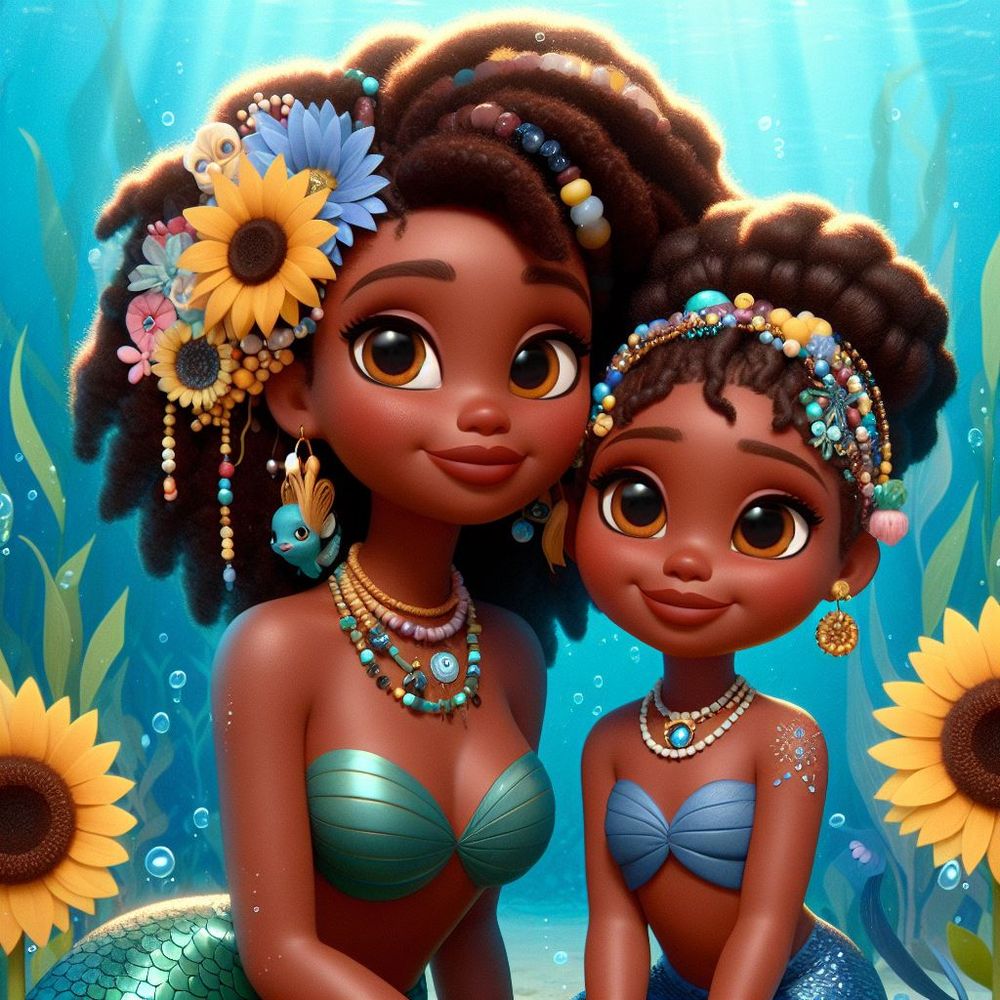 sunflowers and seashells
Mother and daughter mermaids