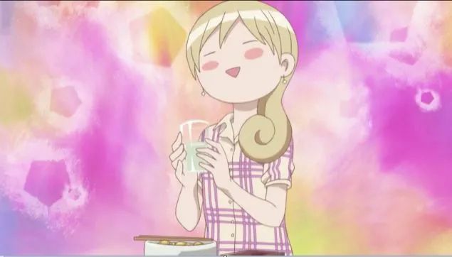 Wakako from Wakakozake enjoying a drink with a smile and flushed cheeks while the background is like all pastel watercolor blotches. There's some pentagrams in there too. Not sure why.