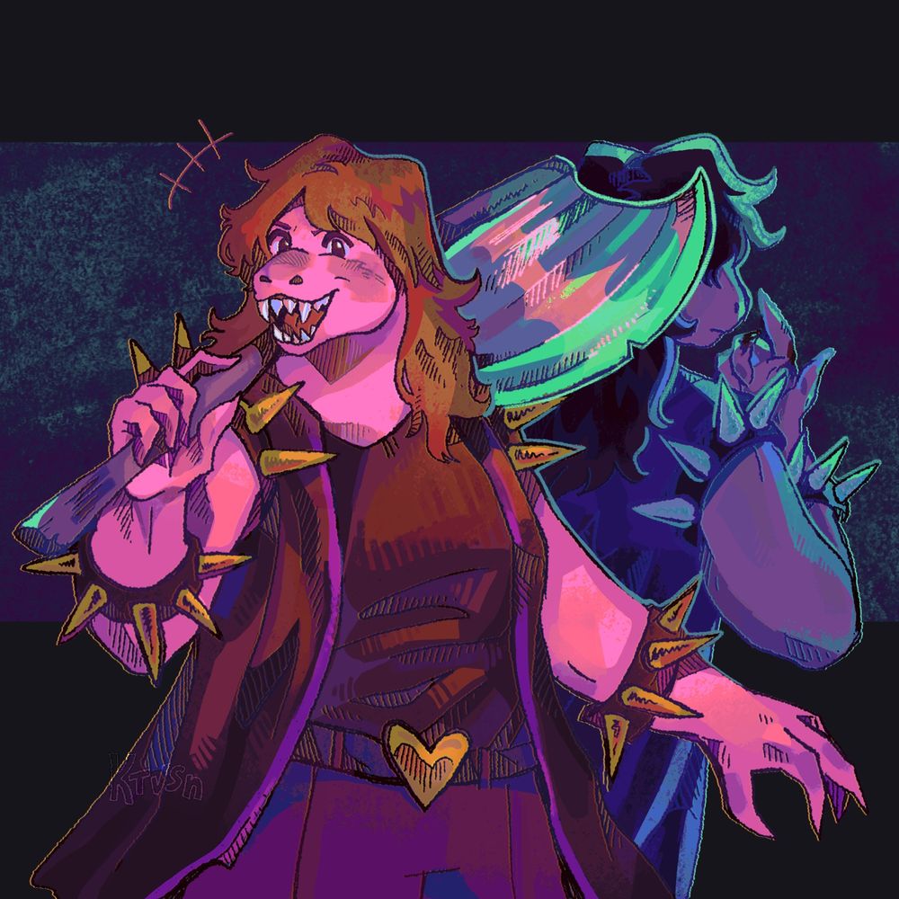 [ID: art of Susie from Deltarune, happily smiling at the viewer with her axe in hand. Behind her is a dimmer figure of herself, looking at her bruised hand with an unreadable expression. End ID.]