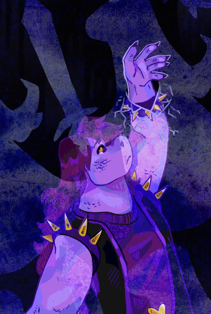 [ID: art of Susie from Deltarune, behind repeated imagery of The Girl from the prophecy. Susie stretches up one hand, passing through the glass imagery, and causing it to crack. End ID.]