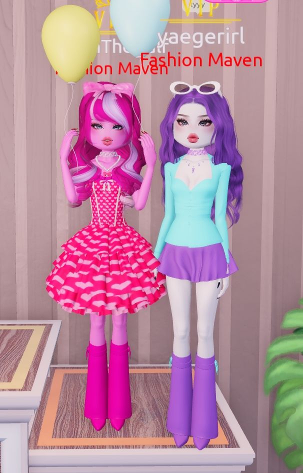 There are two character models standing on the 3rd place podium. One is dressed like Pinkie Pie from My Little Pony, and the other is dressed like Rarity. Pinkie pie has hot pink curly hair, with a pink bow on the top of her head. She has a big, frilly dress which is covered in a heart pattern that has various shades of pink. Pinkie pie also has hot pink boots on. Her skin is coloured pink to match the character. 
Rarity is dressed in a light blue, long-sleeve top, with a purple miniskirt. She has a pair of boots the same shade of purple. Rarity's hair is also purple and wavy. Rarity's skin has been coloured white to match the character. Rarity has a pair of white sunglasses on top of her head. Pinkie pie is holding two balloons: one yellow, one light blue, like her cutie mark.