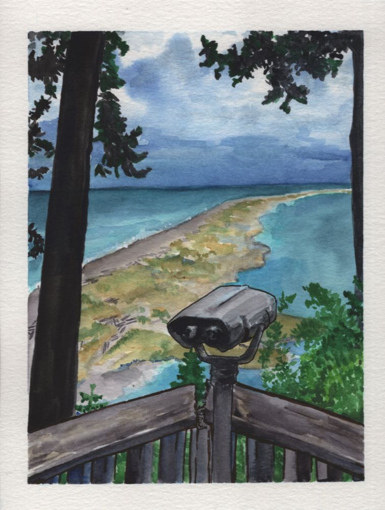 watercolor painting of a wooden overlook, There are trees in the foreground and a pair of binoculars. And a small sliver of sandy beach splitting the ocean in the background.