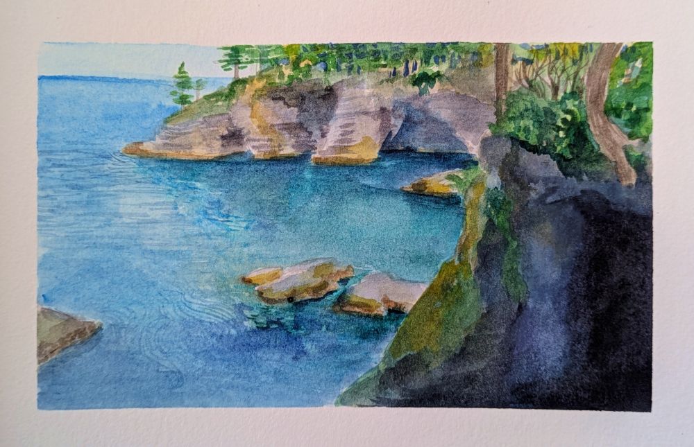 A watercolor painting of a view of Cape Flattery Washington. the picture shows clear blue/turquoise waters and rugged coastal rocks and the tough trees that grow on them