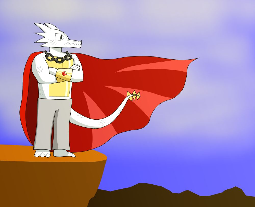 kago, a white dragon man, stands at the edge of a cliff, staring forward with his arms crossed. his red cape billows out in front of him, and the sun reflects off his gold, armor-like chest and wrist gauntlets