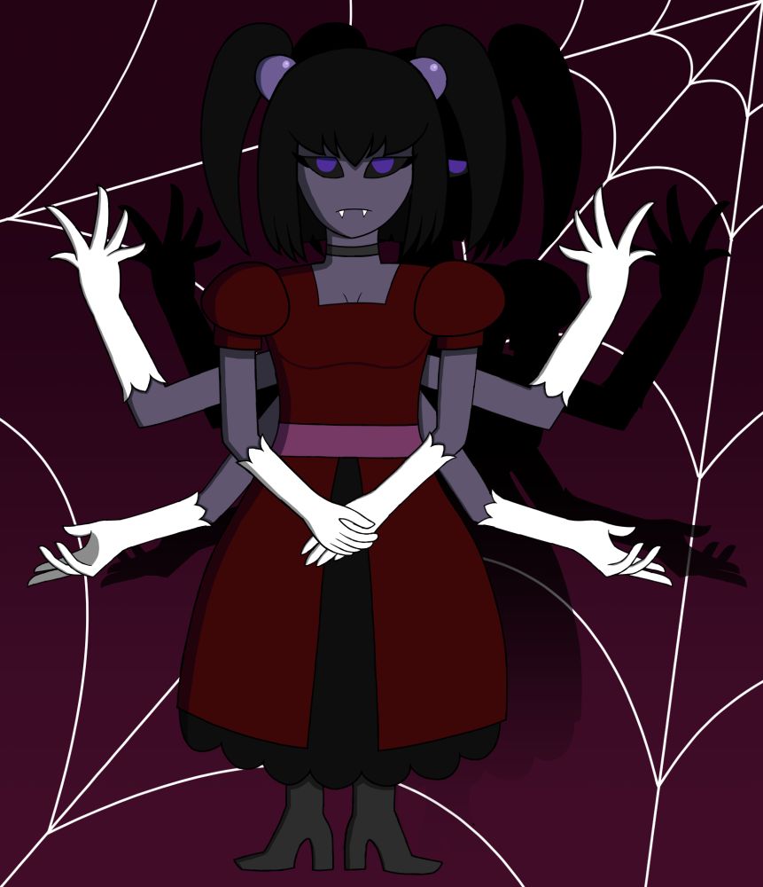 khiata satahra, a young spider woman in a red and black dress, stands with two of her hands folded in front of her, two raised on either side of her, and two lowered on either side of her. she stares coldly at the viewer. behind her is a faded shadow of herself with one of its eyes barely visible and wearing a sad expression